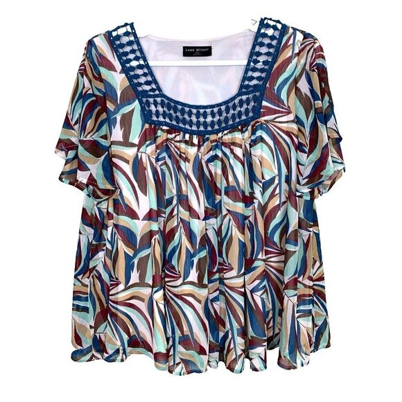 Lane Bryant Tops - Lane Bryant Short Sleeve Blouse Lightweight Crochet Teal Brown Top Womens 18 20